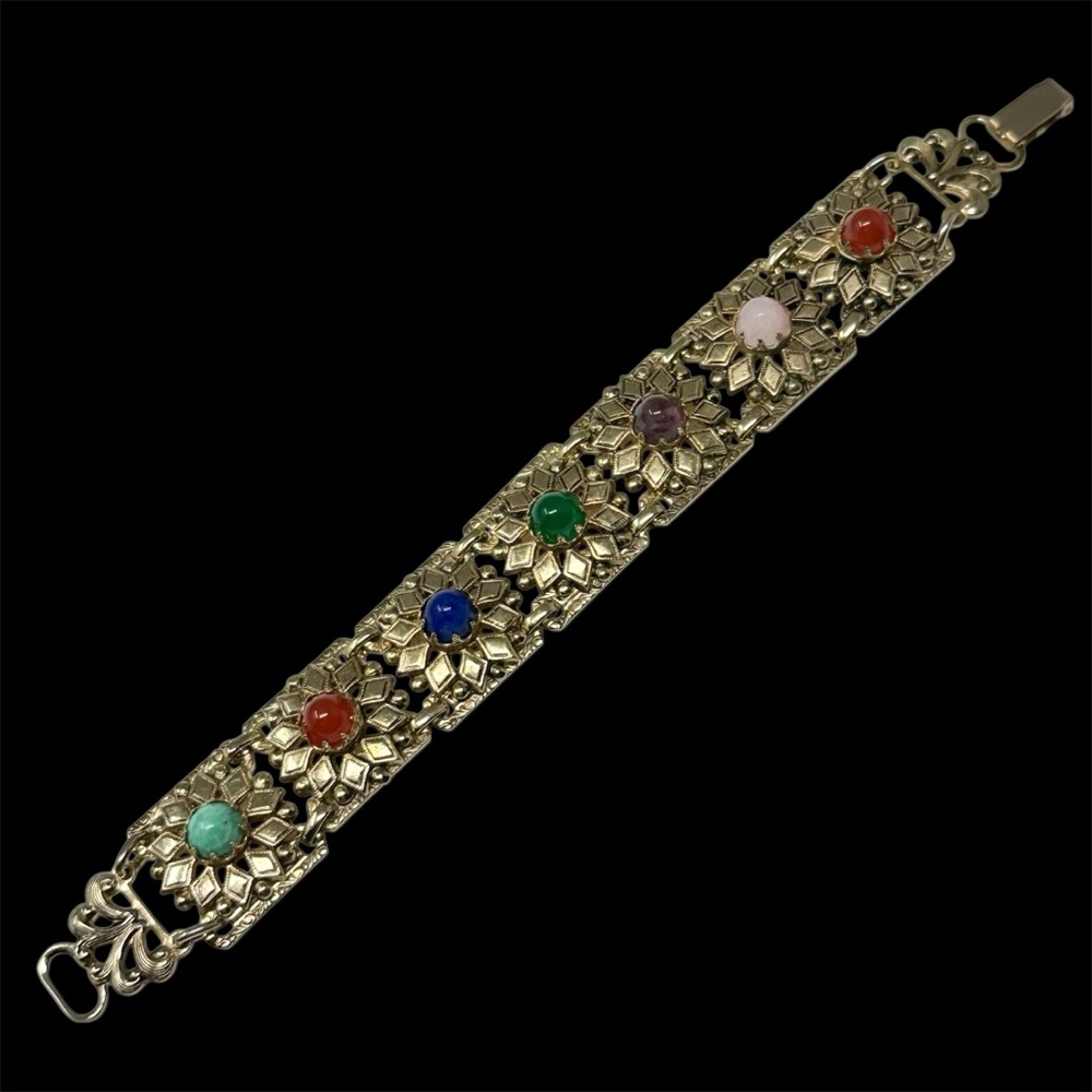 MARINO 50s 60s Vintage Mixed Stone Gold Tone Panel Bracelet